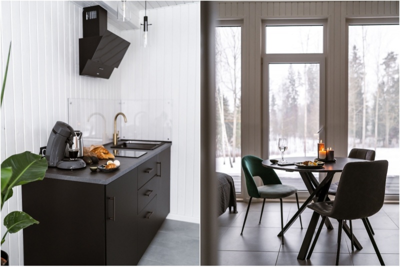 Yöpyminen „Sniegi design cabin“ -mökkissä rentoutuen saunassa ja porealtaassa