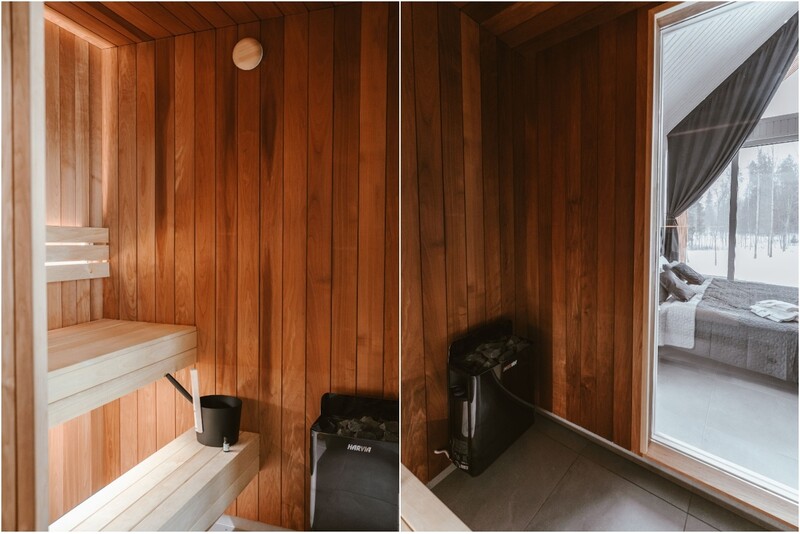 Yöpyminen „Sniegi design cabin“ -mökkissä rentoutuen saunassa ja porealtaassa